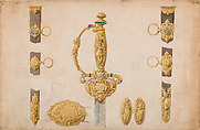 Design for a Sword Hilt, Scabbard, and Belt Fittings, Eugène Julienne French, Watercolor and ink on paper, French, Paris