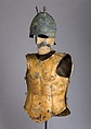 Helmet of the Italo-Chalcidian Type, Anatomical Cuirass, and Left Greave, Bronze, silver, Etruscan, probably Vulci