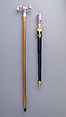 Walking Stick with Companion Hunting Sword, Knife, and Scabbard, Porcelain, silver, gold, wood, copper alloy, steel, leather, German or Austrian