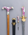 Walking Stick with Companion Hunting Sword, Knife, and Scabbard, Porcelain, silver, gold, wood, copper alloy, steel, leather, German or Austrian