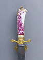 Walking Stick with Companion Hunting Sword, Knife, and Scabbard, Porcelain, silver, gold, wood, copper alloy, steel, leather, German or Austrian
