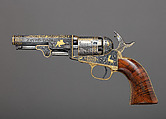 Gold-inlaid Colt Model 1849 Pocket Revolver (serial no. 63306), Samuel Colt (American, Hartford, Connecticut 1814–1862), Steel, copper alloy, gold, wood (walnut), American, Hartford, Connecticut