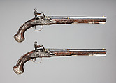 Pair of Flintlock Pistols, Henry Hadley (British, London, active 1734, d. 1773), Steel, wood (walnut), silver, gold, copper alloy, British, London