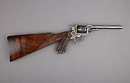 Five Shot Double-Action Percussion Revolver with Shoulder Stock, Case, and Accessories, Steel, wood (oak), silver, gold, copper alloy, textile, lead, German