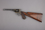 Five Shot Double-Action Percussion Revolver with Shoulder Stock, Case, and Accessories, Steel, wood (oak), silver, gold, copper alloy, textile, lead, German