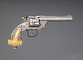 Smith & Wesson .44 Double-Action Frontier Model Revolver decorated by Tiffany & Co. (serial no. 8401), with Case and Cleaning Rod, Smith & Wesson (American, established 1852), Steel, silver, ivory, textile (chamois), wood (California laurel), American, Springfield, Massachusetts and New York