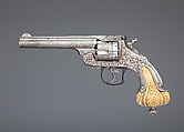 Smith & Wesson .44 Double-Action Frontier Model Revolver decorated by Tiffany & Co. (serial no. 8401), with Case and Cleaning Rod, Smith & Wesson (American, established 1852), Steel, silver, ivory, textile (chamois), wood (California laurel), American, Springfield, Massachusetts and New York
