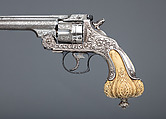 Smith & Wesson .44 Double-Action Frontier Model Revolver decorated by Tiffany & Co. (serial no. 8401), with Case and Cleaning Rod, Smith & Wesson (American, established 1852), Steel, silver, ivory, textile (chamois), wood (California laurel), American, Springfield, Massachusetts and New York
