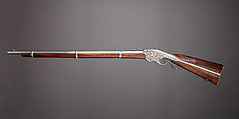 Evans Repeating Rifle Co. Transition Model Lever Action Musket, Manufactured by Evans Repeating Rifle Company (American, Mechanic Falls, Maine 1873–1881), Wood, steel, nickel, American, Mechanic Falls, Maine and New York