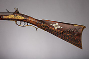 Flintlock Longrifle, Made and engraved by Judson J. Brennan (American, born Lansing, Michigan, 1955), Wood (sugar maple), steel, silver, gold, brass, American, Tenderfoot Hill, Alaska