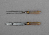 Hunting Sword with Scabbard, Knife, and Fork, Steel, gold, silver, copper alloy, pigments, agate, wood, leather, German