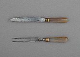 Hunting Sword with Scabbard, Knife, and Fork, Steel, gold, silver, copper alloy, pigments, agate, wood, leather, German