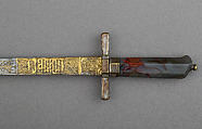 Hunting Sword with Scabbard, Knife, and Fork, Steel, gold, silver, copper alloy, pigments, agate, wood, leather, German
