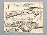 Engraving of Firearms Ornament from the Pattern Book <i>Plusieurs pieces de l'arquebuzerie / recueillies et inventeés par Francois Marcou</i>, C. Jacquinet French, Ink, paper, French, Paris