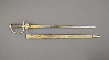 Hunting Sword with Scabbard, Steel, silver, wood, vellum, French, Paris