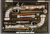 Cased Pair of Flintlock Pistols with Accessories, François Pirmet (French, Paris, recorded 1779–1818), Steel, gold, wood (walnut, mahogany), silver, tortoiseshell, velvet, French, Paris