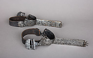 Pair of Hussar Rowel Spurs, Iron alloy, copper, leather, Hungarian