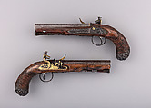 Pair of Flintlock Pistols, John Manton &amp; Son (British, London 1815–1878), Steel, wood (walnut, rosewood), gold, horn, British, London