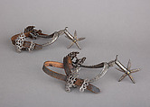 Pair of Rowel Spurs, Iron alloy, silver, copper alloy, leather, German
