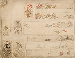 Various Designs for the Chiseller (Chōkō Shitae Shinajina), Togyoku, and others (Japanese, 1867 (3rd Month)), Ink on paper, pasted into a bound volume, Japanese