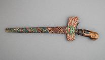 Kris with Sheath, Steel, pelet wood (possibly kajoe), brass, polychromy, Balinese