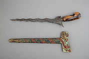 Kris with Sheath, Steel, pelet wood (possibly kajoe), brass, polychromy, Balinese