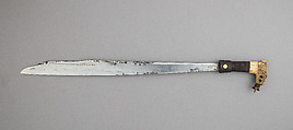 Sword (Mandau) with Scabbard and Small Knife, Horn, cane, rattan, beads, Dyak
