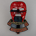 Full Mask (Sōmen) depicting Crow-nosed Goblin (Tenqu) with Gorget, Iron, lacquer, leather, brass, textile, Japanese