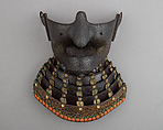 Half Mask (Menpō) with Gorget Depicting Bonji Character Representing Marishiten, Lacquer, wood, hair, cord, Japanese