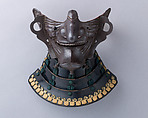 Half Mask (Ho-ate) with Neck Guard, Signed by Myōchin Munetomo (Japanese, Edo period, active early 18th century), Iron, lacquer, textile (silk), Japanese