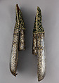 Pair of Arm Guards, Steel, gold, velvet, textile, copper alloy, Indian, probably Sikh