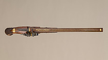 Flintlock Target Pistol of Prince William Frederick, Second Duke of Gloucester and Edinburgh (1776–1834), with Case and Accessories, Wogdon &amp; Barton (British, London 1795–1803), Pistol: wood (walnut), steel, gold, brass, horn; ramrod: wood (walnut), brass, steel; case: wood (mahogany), velvet, brass; powder flask: brass, steel, leather; bullet mold: steel; screwdriver: wood (walnut), brass, steel; cleaning rod: wood (walnut), brass, steel; bottle: glass, British, London