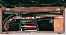 Flintlock Target Pistol of Prince William Frederick, Second Duke of Gloucester and Edinburgh (1776–1834), with Case and Accessories, Wogdon &amp; Barton (British, London 1795–1803), Pistol: wood (walnut), steel, gold, brass, horn; ramrod: wood (walnut), brass, steel; case: wood (mahogany), velvet, brass; powder flask: brass, steel, leather; bullet mold: steel; screwdriver: wood (walnut), brass, steel; cleaning rod: wood (walnut), brass, steel; bottle: glass, British, London