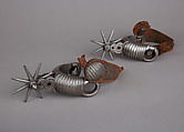 Pair of Rowel Spurs, Iron alloy, silver, leather, Mexican, possibly Chihuahua