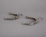 Pair of Rowel Spurs, Copper alloy, silver, iron, American