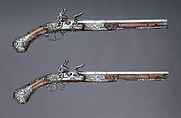 Pair of Flintlock Pistols, Giovan Battista Francino (Italian, Brescia, active second half of 17th century), Steel, wood (walnut), wool, Italian, Brescia