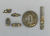 Knife Handle (Kozuka), Pair of Grip Ornaments (Menuki), Sword Guard (Tsuba) and Sword-Hilt Washer and Pommel (Fuchigashira), Copper-silver alloy (shibuichi), gold, copper-gold alloy (shakudō), copper, silver, Japanese
