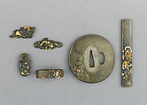 Knife Handle (Kozuka), Pair of Grip Ornaments (Menuki), Sword Guard (Tsuba) and Sword-Hilt Washer and Pommel (Fuchigashira), Copper-silver alloy (shibuichi), gold, copper-gold alloy (shakudō), copper, silver, Japanese