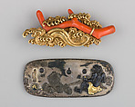 Cord Ornament (Kanemono) with Back Plate, Copper-gold alloy (shakudō), gold, coral, Japanese
