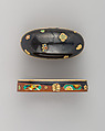 Sword-Hilt Collar and Pommel (Fuchigashira), Copper-gold alloy (shakudō), copper, gold, enamel, Japanese