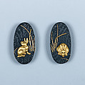木賊兎図大小揃物 Fittings for a Pair of Swords (<i>Daishō Soroi-Mono</i>), Inscribed by 石黒政美 Ishiguro Masayoshi (Japanese, 1774–1862), Copper-gold alloy (<i>shakudō</i>), gold, silver, copper-silver alloy (<i>shibuichi</i>), copper, Japanese