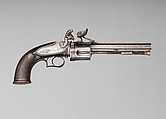 Collier Second Model Five-Shot Flintlock Revolver, Patented by Elisha Haydon Collier (American, Boston 1788–1856 Boston), Steel, wood (walnut, rosewood), silver, brass, British, London