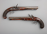 Pair of Flintlock Duelling Pistols, Simeon North (American, Middletown, Connecticut, 1765–1852), Steel, gold, silver, wood (walnut, hickory), horn, American, Middletown, Connecticut