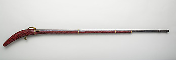Matchlock Gun with Carved Red Lacquer Stock, Lacquer, wood, gold, silver, copper alloy, iron, Chinese