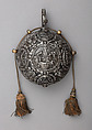 Priming Flask Bearing the Monograms and Arms of the Prince-Elector August I of Saxony (reigned 1553–86) and  Anna of Denmark (reigned 1553–85), Master Thomas der Schwertfeger (possibly Thomas Rucker) (German, active Augsburg, Vienna, and Dreseden, 1535–1606), Iron, gold, silver, silk, German, probably Saxony