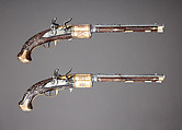 Pair of Flintlock Revolvers, Tula Arms Factory (Russian, Tula, 1712–Present), Steel, wood (walnut), copper alloy, gold, silver, horn, Russian, Tula