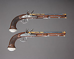 Cased Pair of Flintlock Pistols Presented to Captain Cayetano Valdés y Flores, Nicolas Noël Boutet (French, Versailles and Paris, 1761–1833), Steel, wood, silver, gold, copper alloy, leather, textile, French, Versailles