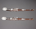 Cased Pair of Flintlock Pistols Presented to Captain Cayetano Valdés y Flores, Nicolas Noël Boutet (French, Versailles and Paris, 1761–1833), Steel, wood, silver, gold, copper alloy, leather, textile, French, Versailles