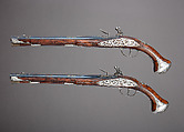 Pair of Flintlock Holster Pistols with the Arms of Liechtenstein, Georg Keiser (Austrian, Eger 1647–ca. 1740 Vienna), Steel, wood (walnut), silver, gold, Austrian, Vienna