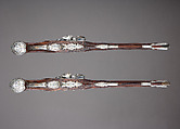 Pair of Flintlock Holster Pistols with the Arms of Liechtenstein, Georg Keiser (Austrian, Eger 1647–ca. 1740 Vienna), Steel, wood (walnut), silver, gold, Austrian, Vienna